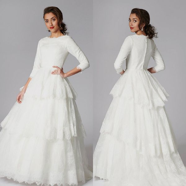 modest a line wedding dresses jewel neck 3/4 long sleeve appliques lace plus size wedding dress sweep train robes de mariée, White
modest a line wedding dresses jewel neck 3/4 long sleeve appliques lace plus size wedding dress sweep train robes de mariée, White