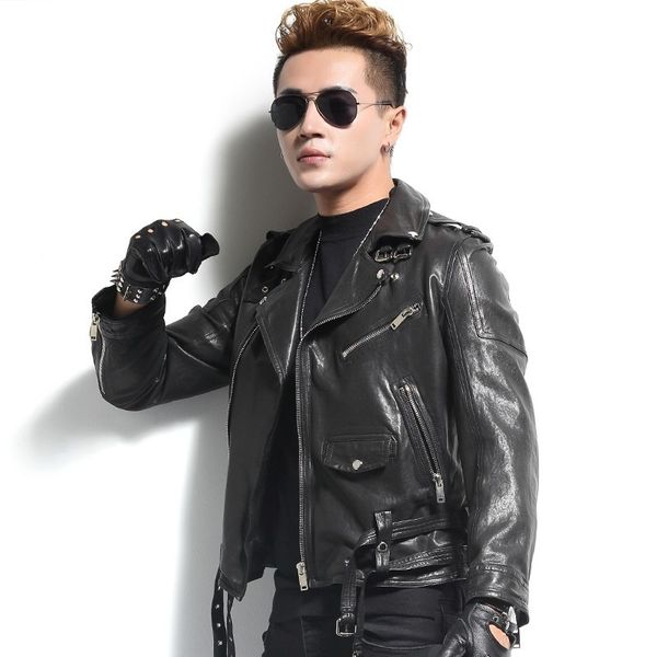 fashion autumn winter jacket men zipper motorcycle genuine leather sheepskin coat slim real leather moto biker jackets steampunk, Black 
fashion autumn winter jacket men zipper motorcycle genuine leather sheepskin coat slim real leather moto biker jackets steampunk, Black