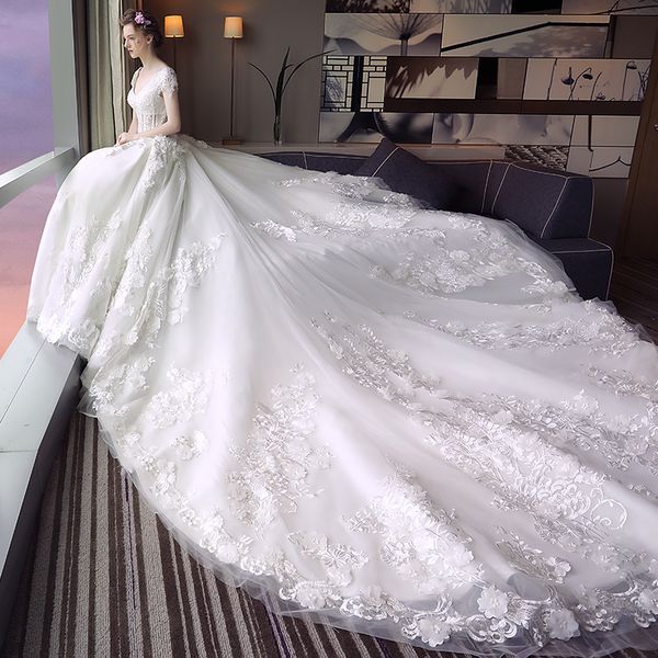 new wedding dress bride v collar long shoulder gongtinghebenqi light white mori line female
new wedding dress bride v collar long shoulder gongtinghebenqi light white mori line female