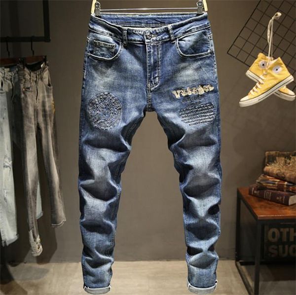 european station foreign trade big brand stretch jean trousers letter embroidery high-end fashion slim trousers four seasons, Blue
european station foreign trade big brand stretch jean trousers letter embroidery high-end fashion slim trousers four seasons, Blue