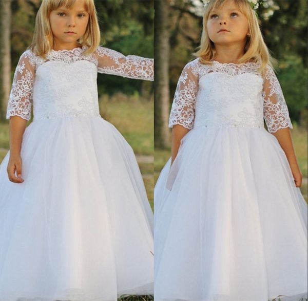 new arrival lovely holy white flower girls dresses lace bodice jewel neck 3/4 sleeves kids formal wear 2020 party gowns, White;blue
new arrival lovely holy white flower girls dresses lace bodice jewel neck 3/4 sleeves kids formal wear 2020 party gowns, White;blue