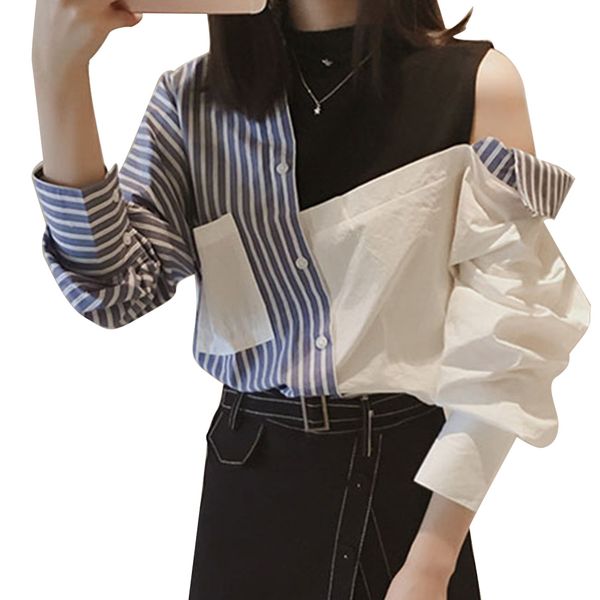 lightweight long sleeve loose soft casual stripe party round collar irregular off shoulder pocket daily blouse women shirt, White
lightweight long sleeve loose soft casual stripe party round collar irregular off shoulder pocket daily blouse women shirt, White