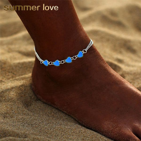 

bohemia summer luminous star heart pendant anklets for women pretty bracelet on the leg lover anklet fashion female foot jewelry party gift, Red;blue