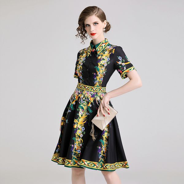 2019 new summer fashion women's clothing turn-down collar a-line dress vintage short sleeves flowers printing dresses female, Black;gray
2019 new summer fashion women's clothing turn-down collar a-line dress vintage short sleeves flowers printing dresses female, Black;gray