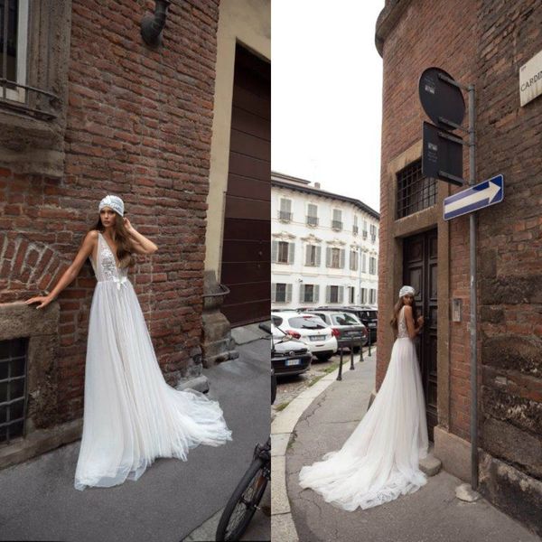 2020 julie vino wedding dresses deep v neck bow beaded appliques lace a line wedding dresses sweep train bridal gowns, White
2020 julie vino wedding dresses deep v neck bow beaded appliques lace a line wedding dresses sweep train bridal gowns, White