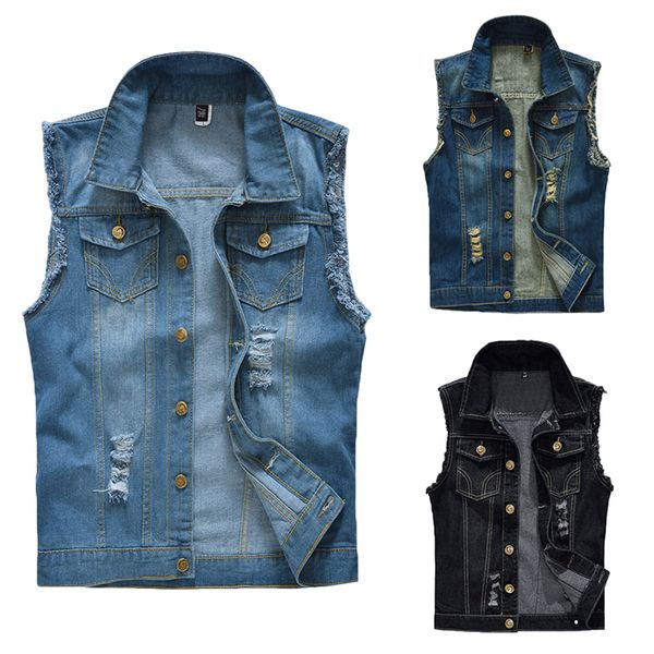 men ripped denim vest vintage hole vest coat dark blue single breasted sleeveless jean jacket for male shredded outerwear d40, Black;white
men ripped denim vest vintage hole vest coat dark blue single breasted sleeveless jean jacket for male shredded outerwear d40, Black;white