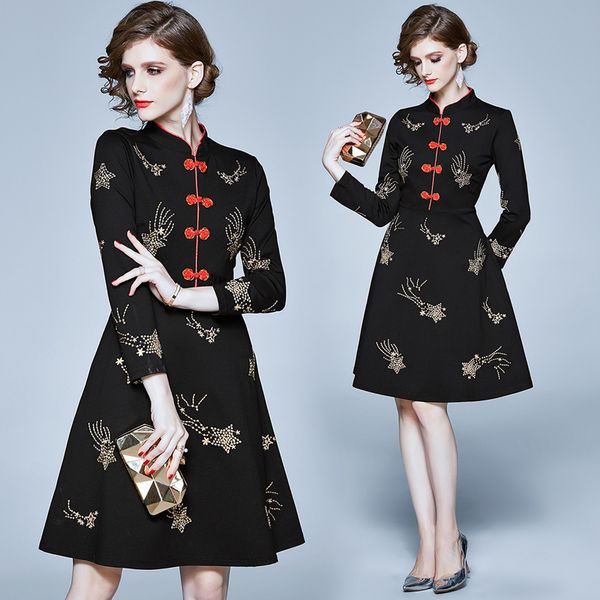 new 2019 autumn winter quality chinese style embroidery black party dress women elegant stand collar cheongsam ladies long sleeve dresses, Black;gray
new 2019 autumn winter quality chinese style embroidery black party dress women elegant stand collar cheongsam ladies long sleeve dresses, Black;gray