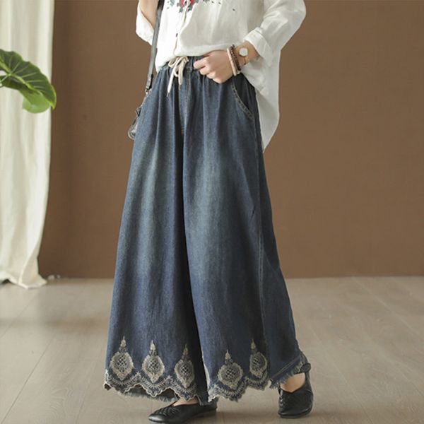casual cotton denim embroidery wide leg pants spring new female elastic waist pockets blue women vintage pants, Black;white
casual cotton denim embroidery wide leg pants spring new female elastic waist pockets blue women vintage pants, Black;white