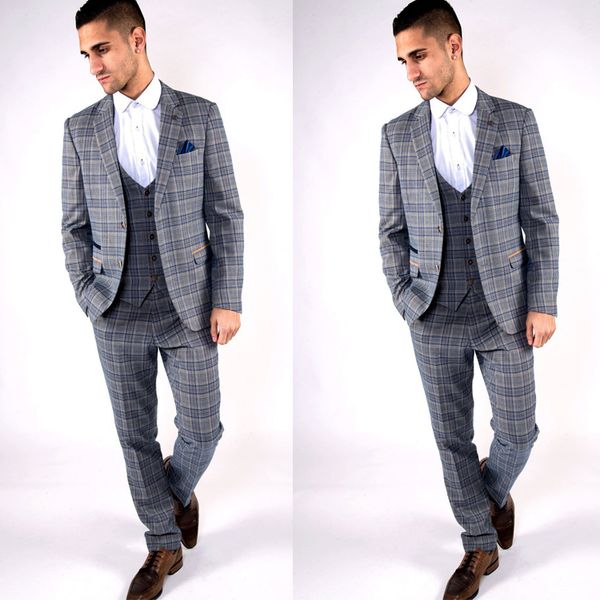 2019 design plaid wedding tuxedos slim fit two button men pant suits groom wear prom check blazer (jacket+vest+pants), Black;gray 
2019 design plaid wedding tuxedos slim fit two button men pant suits groom wear prom check blazer (jacket+vest+pants), Black;gray