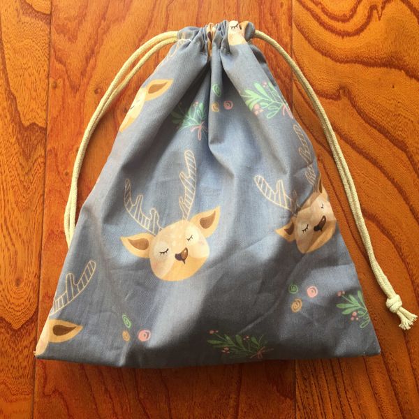 1pc cotton drawstring pouch multi-purpose bag gray base cartoon deer christmas party gift bag yile