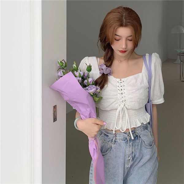 new style 2020 summer french white clavicle square collar puff sleeve waist slimming heart machine design shirt women
new style 2020 summer french white clavicle square collar puff sleeve waist slimming heart machine design shirt women