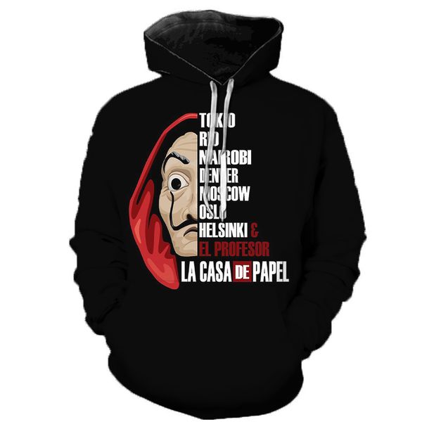 2019 la casa de papel 3d печатных капюшоном кофты деньги ограбление сериал пуловеры мужчины женщины мода повседневная дом бумаги толстовки a, Black
2019 la casa de papel 3d печатных капюшоном кофты деньги ограбление сериал пуловеры мужчины женщины мода повседневная дом бумаги толстовки a, Black