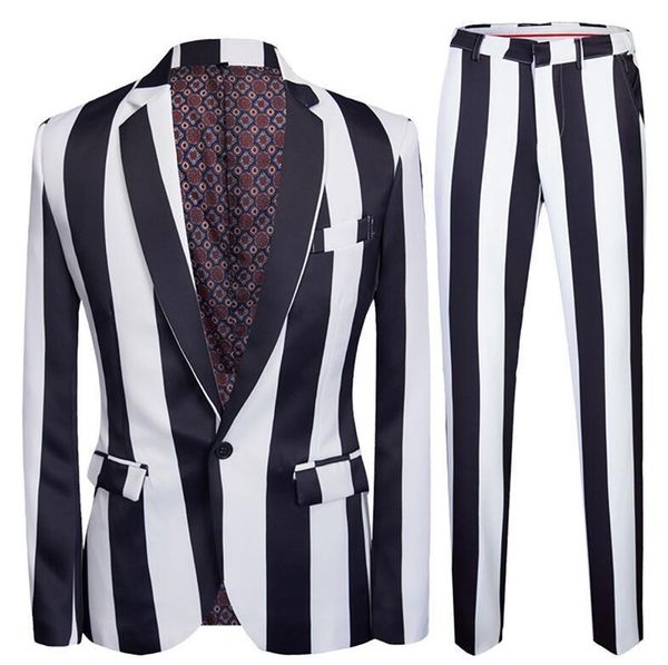 новые мужские полосатые печатные костюмы slim fit party suits 2 шт. куртка брюки выпускной вечер мужчины производительность, White;black 
новые мужские полосатые печатные костюмы slim fit party suits 2 шт. куртка брюки выпускной вечер мужчины производительность, White;black