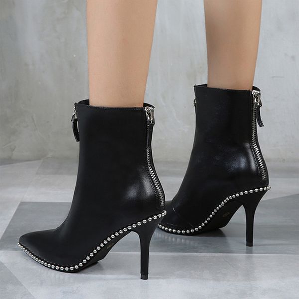womens pointed toe rivet studs central zipper stilettos high heel ankle boots shoes black red white c270
womens pointed toe rivet studs central zipper stilettos high heel ankle boots shoes black red white c270