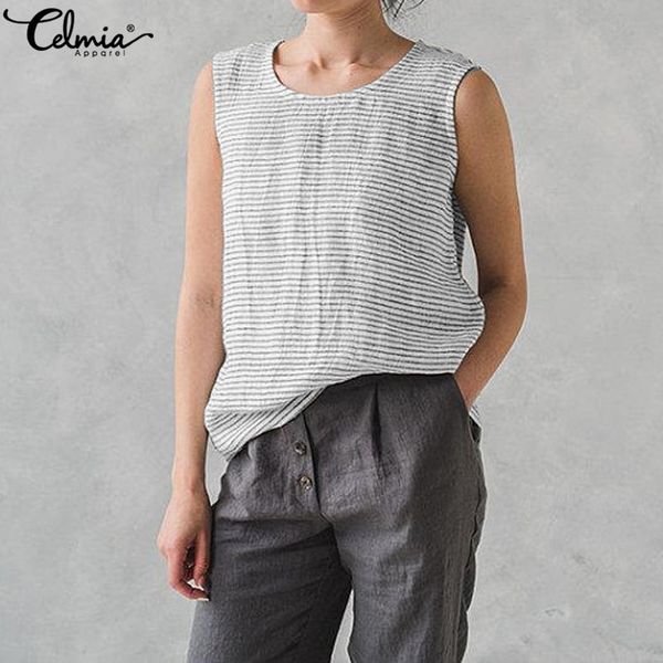 plus size women fashion celmia 2020 summer sleeveless striped blouses casual loose basic shirt linen camisa female clothing, White
plus size women fashion celmia 2020 summer sleeveless striped blouses casual loose basic shirt linen camisa female clothing, White