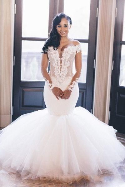 2020 new arabic mermaid wedding dresses off shoulder long sleeves lace appliques illusion keyhole tulle sweep train formal bridal gowns, White
2020 new arabic mermaid wedding dresses off shoulder long sleeves lace appliques illusion keyhole tulle sweep train formal bridal gowns, White