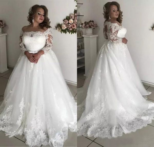 2019 elegant lace plus size wedding dresses sheer neck 3/4 long sleeve appliques illusion hollow back garden country bridal gowns, White
2019 elegant lace plus size wedding dresses sheer neck 3/4 long sleeve appliques illusion hollow back garden country bridal gowns, White