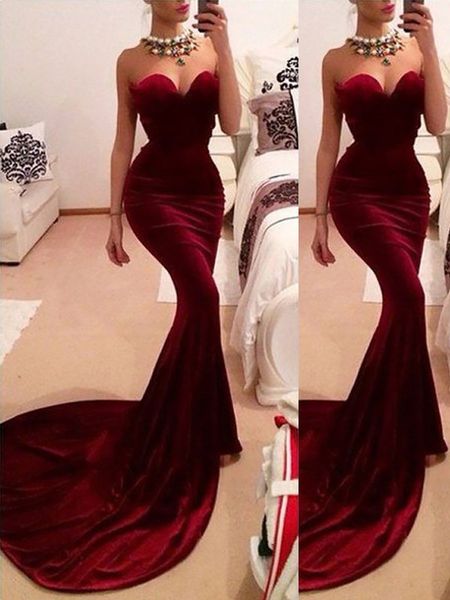 2019 dark red velvet mermaid prom dresses with a train strapless backless simple evening gowns party dress for special occasion long, Black
2019 dark red velvet mermaid prom dresses with a train strapless backless simple evening gowns party dress for special occasion long, Black