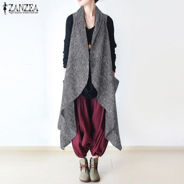 women's vests fashion asymmetrical coats sleeveless jackets 2021 zanzea casual mid-claf outwear female lapel cardigans tunic plus size, Black;white