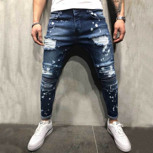 men's jeans with big ripped knees and splash-ink paint for fashion men in autumn, Blue
men's jeans with big ripped knees and splash-ink paint for fashion men in autumn, Blue