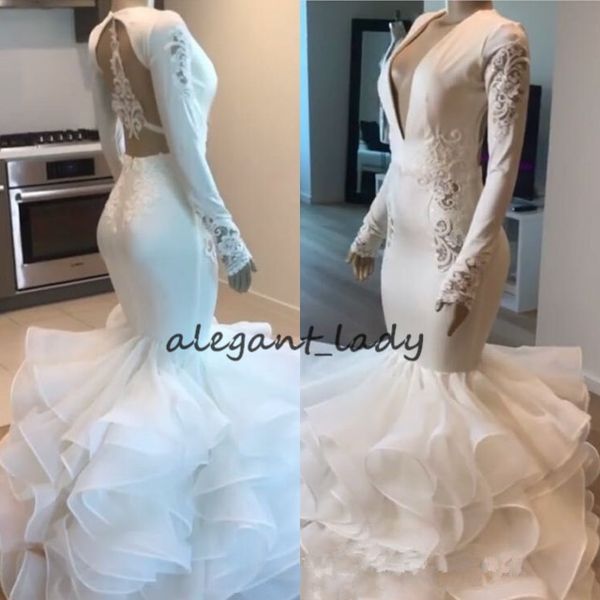 2019 ruffles tiered skirt bridal gowns gorgeous v-neck lace applique long sleeve mermaid beach party seaside wedding dresses, White
2019 ruffles tiered skirt bridal gowns gorgeous v-neck lace applique long sleeve mermaid beach party seaside wedding dresses, White