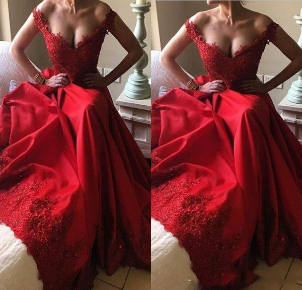 a line off the shoulder evening dresses floor length red satin appliques lace beaded formal prom dresses, Black
a line off the shoulder evening dresses floor length red satin appliques lace beaded formal prom dresses, Black
