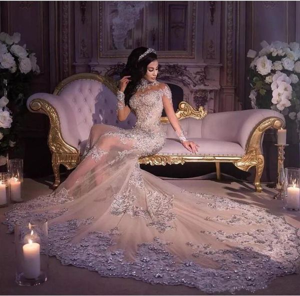 2019 luxury sparkly wedding dress fall bling beaded lace applique high neck illusion long sleeve champagne mermaid chapel bridal gowns, White
2019 luxury sparkly wedding dress fall bling beaded lace applique high neck illusion long sleeve champagne mermaid chapel bridal gowns, White