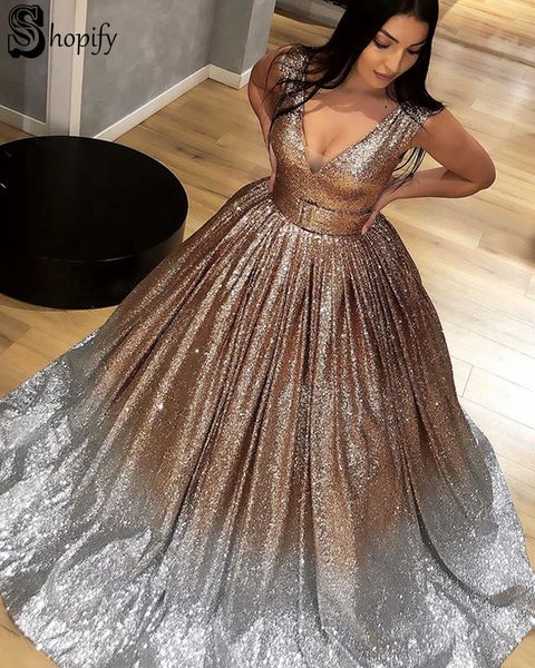 elegant puffy v-neck glitter gold and silver long evening dress 2019 luxury dubai women formal sequin gown, White;black
elegant puffy v-neck glitter gold and silver long evening dress 2019 luxury dubai women formal sequin gown, White;black