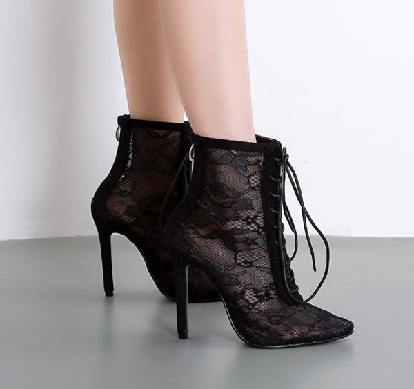 with box 11cm breathable lace gauze pointed boots summer fashion dress shoes size 35 to 40, Black
with box 11cm breathable lace gauze pointed boots summer fashion dress shoes size 35 to 40, Black
