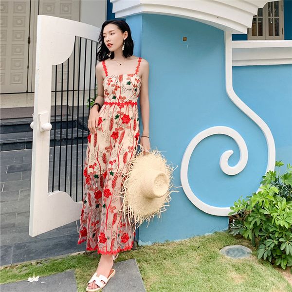 spaghetti strap women dress luxury runway embroidery flower mesh lace ankle-length ladies vestidos beach dresses, White
spaghetti strap women dress luxury runway embroidery flower mesh lace ankle-length ladies vestidos beach dresses, White