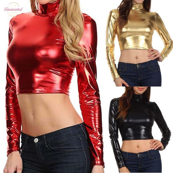 ladies metallic liquid t shirt party mock turtleneck leather square neck long sleeve cropped shirt for women streetwear, White
ladies metallic liquid t shirt party mock turtleneck leather square neck long sleeve cropped shirt for women streetwear, White