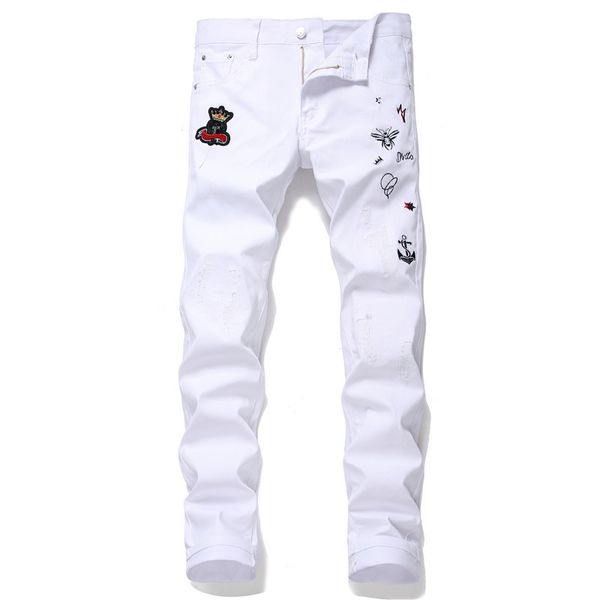 white -hole sticker embroidered bee nightclub small straight fashionable men's casual pants pantalon homme jean, Blue
white -hole sticker embroidered bee nightclub small straight fashionable men's casual pants pantalon homme jean, Blue