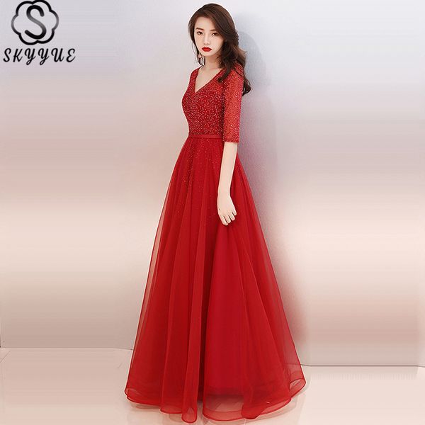 party dresses lace up evening gown skyyue k376 a-line floor-length v-neck dress 2021 half sleeve sequined crystal abendkleider, White;black