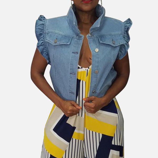 2019 summer autumn women ruffles short denim vest single breasted cropped vest coat new fashion casual vintage streetwear female, Black;white
2019 summer autumn women ruffles short denim vest single breasted cropped vest coat new fashion casual vintage streetwear female, Black;white