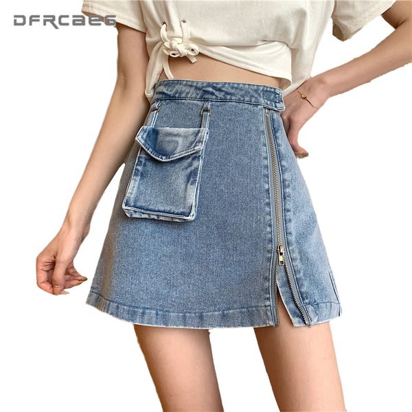 vintage blue zipper a-line mini skirt with pockets 2020 summer high waist women denim skirts streetwear short jupe jean femme, Black
vintage blue zipper a-line mini skirt with pockets 2020 summer high waist women denim skirts streetwear short jupe jean femme, Black