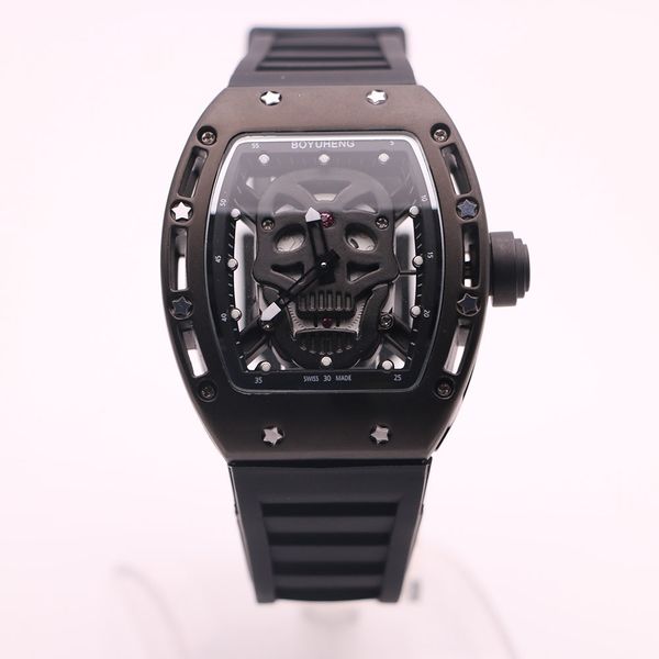 boyuheng black stainless steel quartz baterry 43mm skull skeleton dial mens watches tonneau case shape transaparent movement wristwatches, Slivery;brown
boyuheng black stainless steel quartz baterry 43mm skull skeleton dial mens watches tonneau case shape transaparent movement wristwatches, Slivery;brown