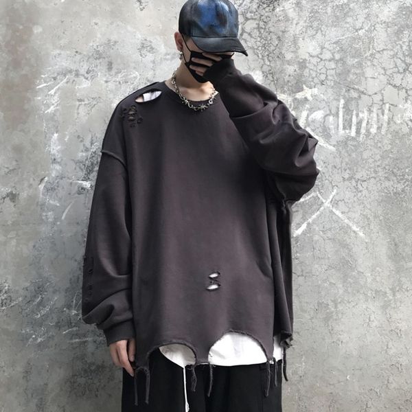 2019 spring and autumn new ins harajuku style loose trend hole rags long sleeve hooded men youth street gray / black 
2019 spring and autumn new ins harajuku style loose trend hole rags long sleeve hooded men youth street gray / black