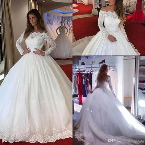wedding dresses lace long sleeves applique off shoulder mopping long section tulle ball gowns tiered skirts, White
wedding dresses lace long sleeves applique off shoulder mopping long section tulle ball gowns tiered skirts, White