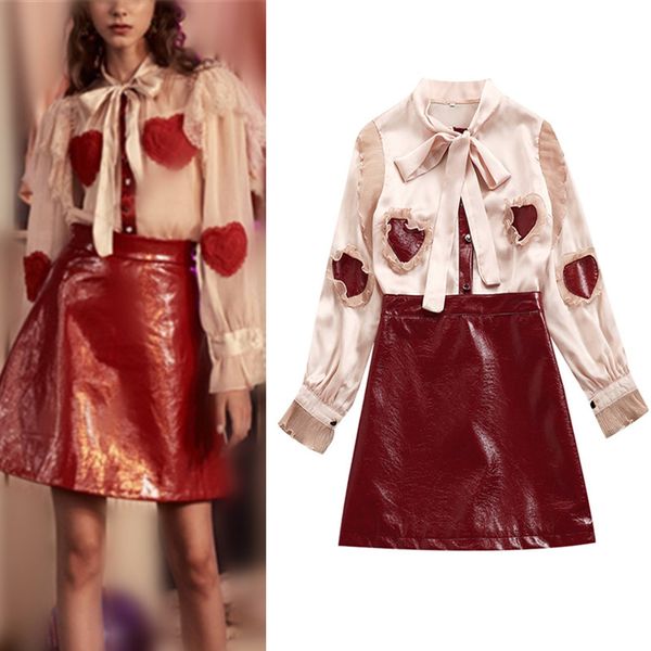 runway spring women red hearts appliques ruffles long sleeve blouse shirts and pu slim bows party skirt suits set ns424, White;black
runway spring women red hearts appliques ruffles long sleeve blouse shirts and pu slim bows party skirt suits set ns424, White;black
