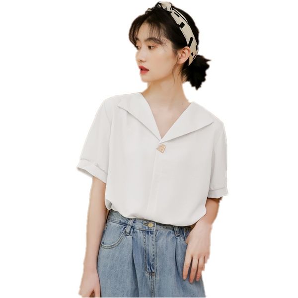 very simple cultural lapel shirt women's summer fashion style a small button shirt korean version of loose joker short sleeve shirt tid, White
very simple cultural lapel shirt women's summer fashion style a small button shirt korean version of loose joker short sleeve shirt tid, White