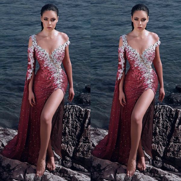 arabic evening dresses 2019 one shoulder thigh high slits beaded prom gowns lace appliques special occasion dress, Black;red
arabic evening dresses 2019 one shoulder thigh high slits beaded prom gowns lace appliques special occasion dress, Black;red