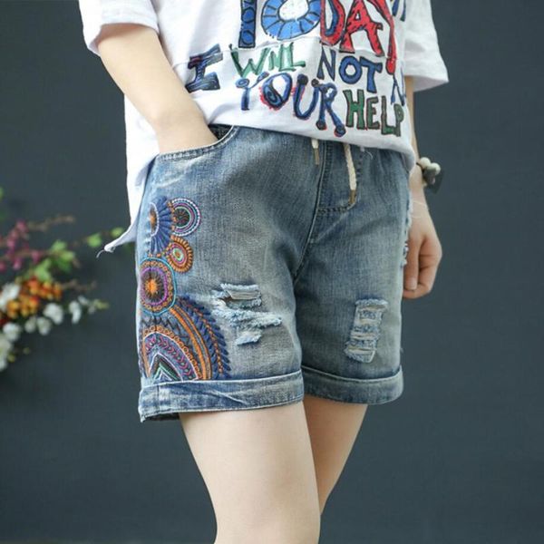 women's shorts vintage embroidery denim women 2021 summer casual elastic waist hole loose comfort jean plus size 3xl r178, White;black 
women's shorts vintage embroidery denim women 2021 summer casual elastic waist hole loose comfort jean plus size 3xl r178, White;black