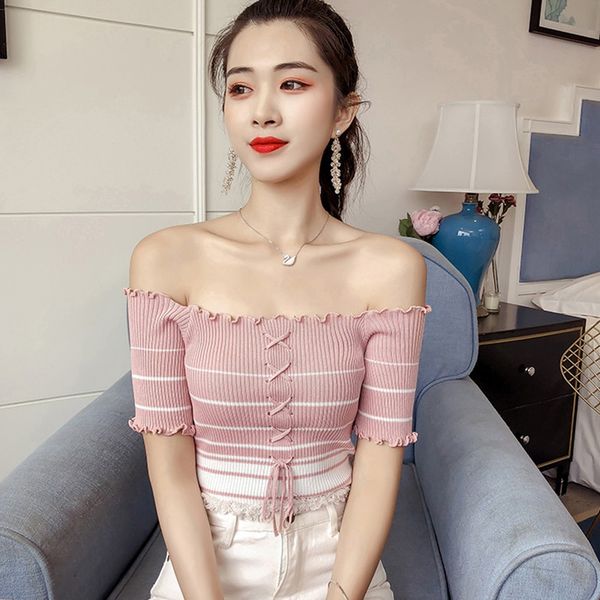 женская летняя футболка harajuku sexy slash neck футболка в полоску с коротким рукавом трикотажная вязаная футболка с рюшами, White
женская летняя футболка harajuku sexy slash neck футболка в полоску с коротким рукавом трикотажная вязаная футболка с рюшами, White