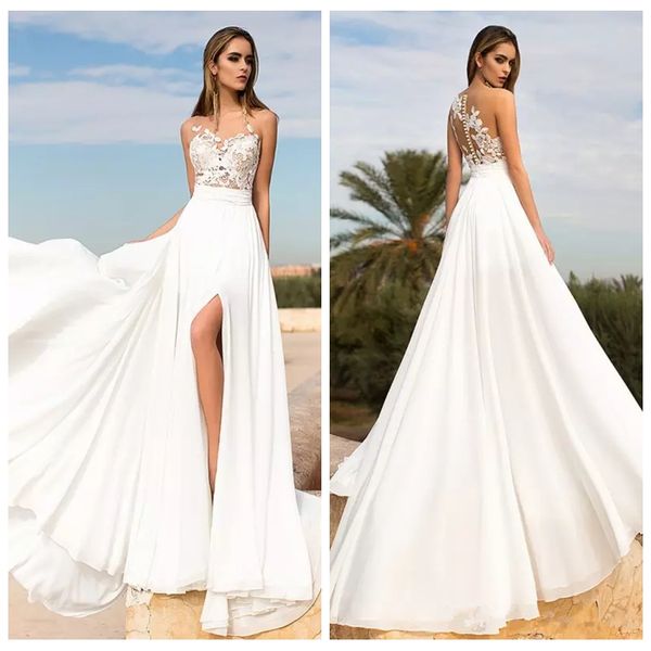 sheer lace appliques a-line wedding dresses split front custom robe de mariee bridal gowns beach sheer lace appliques plus size, White
sheer lace appliques a-line wedding dresses split front custom robe de mariee bridal gowns beach sheer lace appliques plus size, White