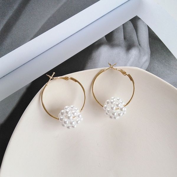 japanese and korean simple temperament imitation pearl ball hoop earrings fashion graceful women girl jewelry accessories, Golden;silver