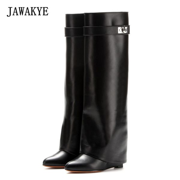 jawakye silver metal shark lock knee high boots women designer pointed toe leather wedge increase height high heel shoes woman, Black
jawakye silver metal shark lock knee high boots women designer pointed toe leather wedge increase height high heel shoes woman, Black