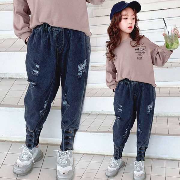girls jeans spring autumn fashion children's trousers washing hole and cut whitening pants cotton foot buckle, Blue
girls jeans spring autumn fashion children's trousers washing hole and cut whitening pants cotton foot buckle, Blue