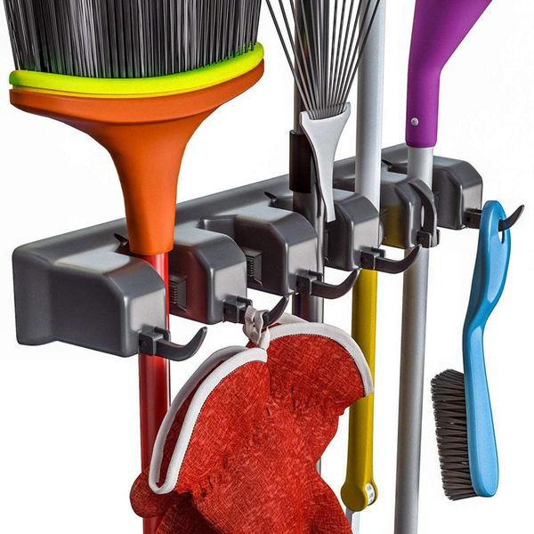 broom holder and garden tool organizer for rake or mop handles up (black