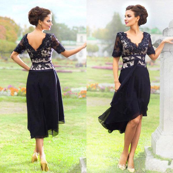 tea-length chiffon mother of the bride dresses dark navy elegant evening formal dresses 2019 lace short sleeve formal mother of groom gowns, Black;red
tea-length chiffon mother of the bride dresses dark navy elegant evening formal dresses 2019 lace short sleeve formal mother of groom gowns, Black;red