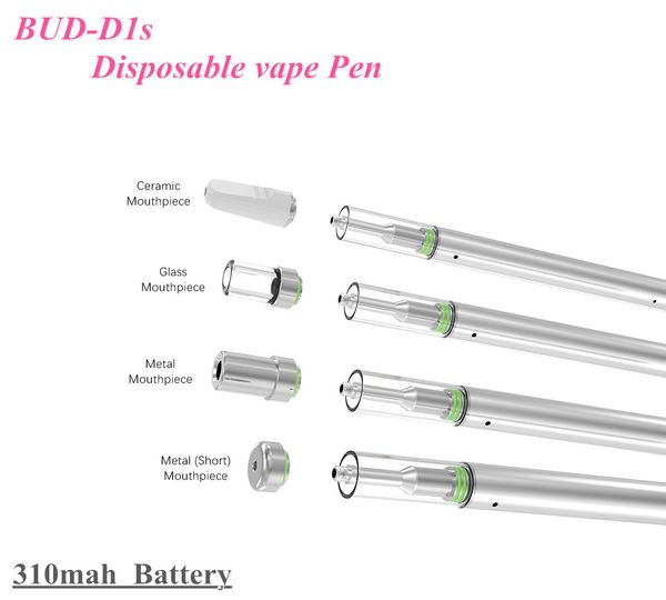 Одноразовые пустые наборы для ручек Vape BUD D1s Керамическая катушка для испарителя Ручка для картриджей 310mAh Батарея с зарядными портами 0.5ML Стеклянные баки Масляные пары